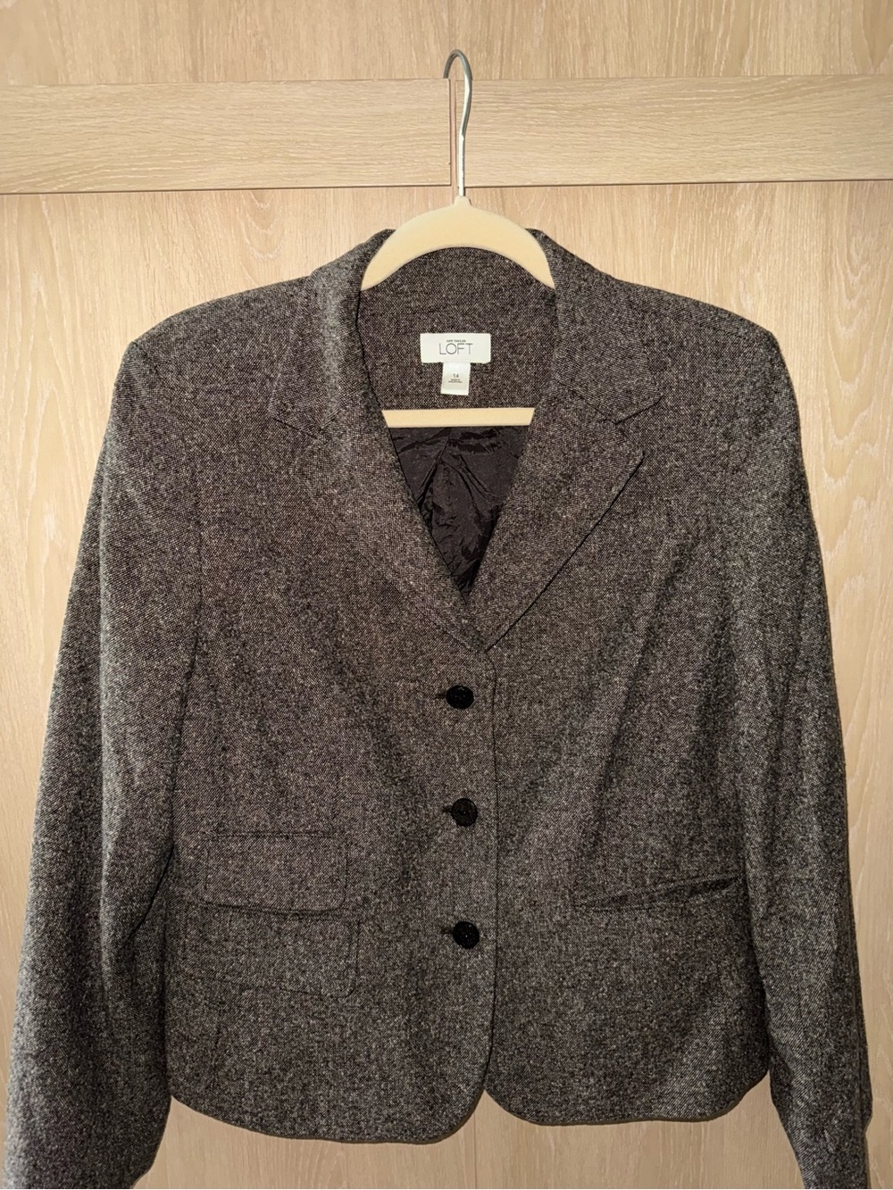 Ann Taylor LOFT Women’s Size 14 Wool Blend Tweed Blazer Gray Black 3 Button
